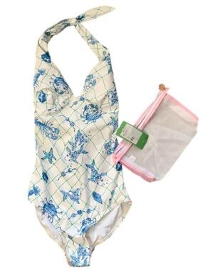 Lilly Pulitzer Sea Critter Blue White Tally 1 piece Swimsuit 0 XS New Mesh bag
